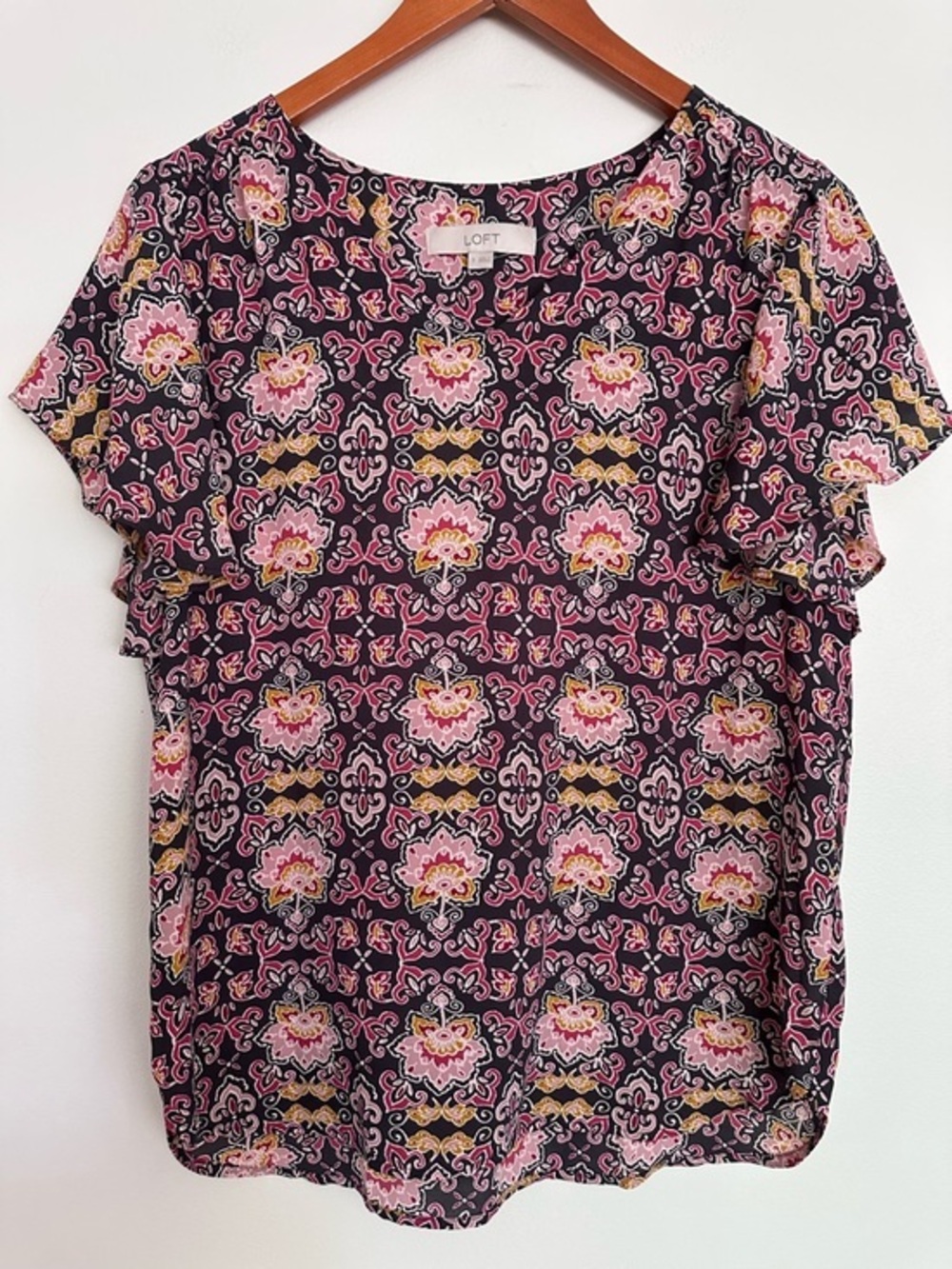LOFT Black Pink & Yellow Floral Ruffle Sleeve Blouse Top Size Small